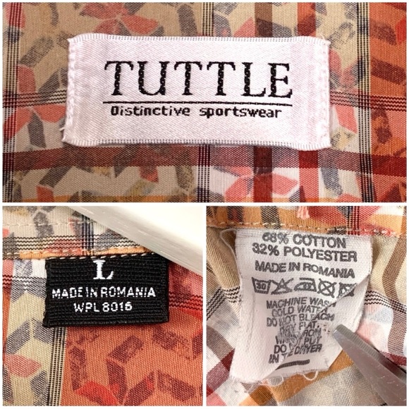 Orange check plaid geometric design short sleeve shirt by Tuttle Sportswear - Picture 15 of 16